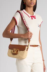 Valentino Garavani VLOGO Alltime Crochet Raffia & Leather Shoulder Bag