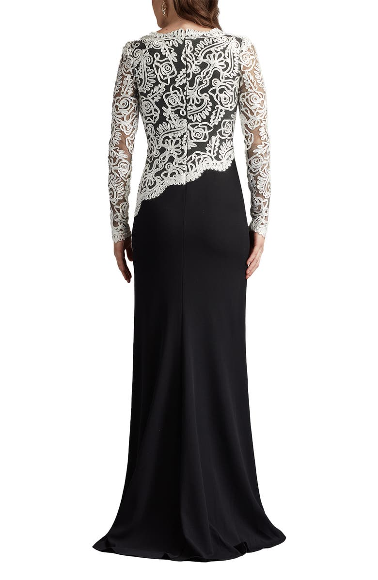 Tadashi Shoji Lace Scroll Crepe Gown, Alternate, color, Black/ Ivory