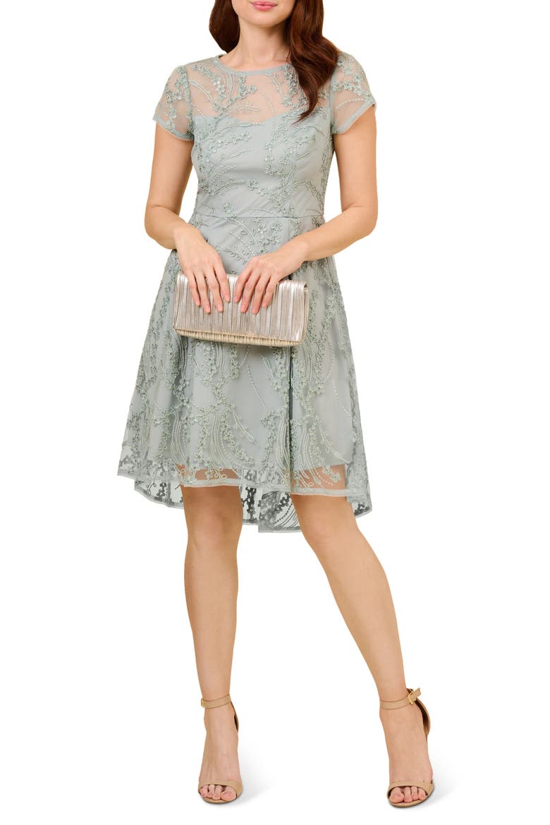 Sequin Embroidered Fit & Flare Dress, Main, color, ICY SAGE