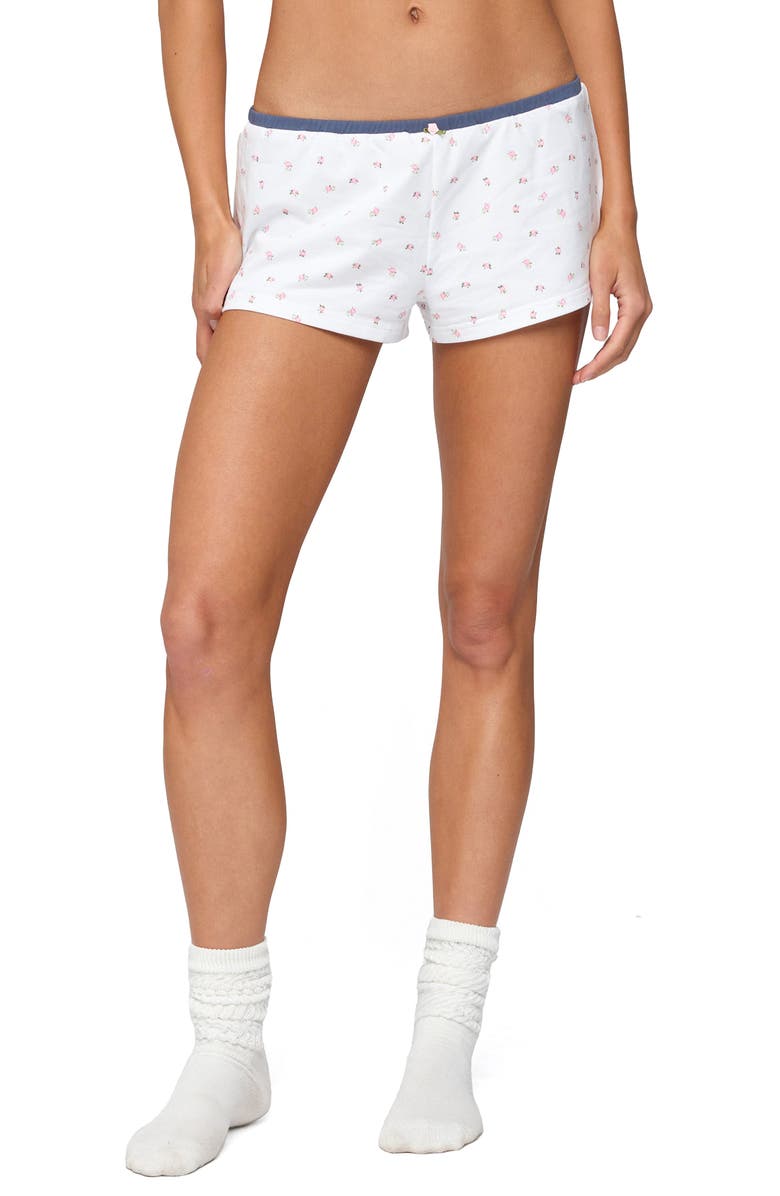 EDIKTED Stefi Floral Knit Micro Shorts, Main, color, White
