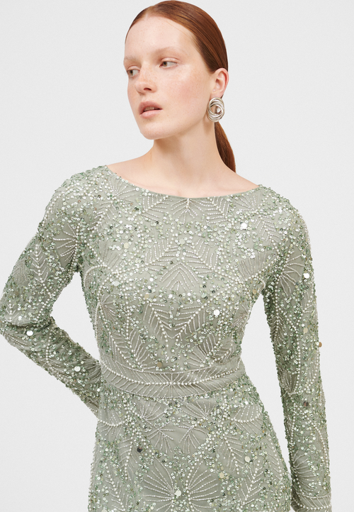 Maryisa Embellished Sequin Beaded A Line Gown In Sage Green