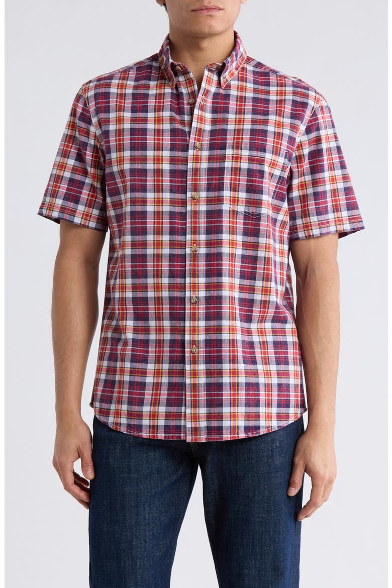 Madras Short Sleeve Button-Down Shirt, Main, color, NAVY MIX