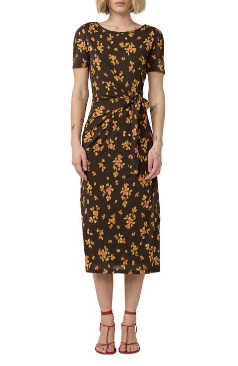 Mandy Floral Wrap Waist Silk Midi Dress