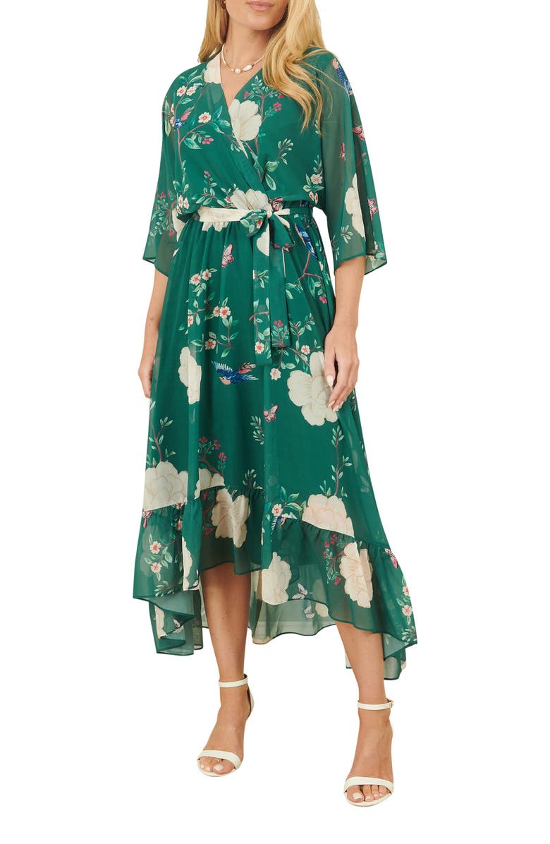 Yumi Bird And Floral Print Midi Wrap Dress, Alternate, color, Green