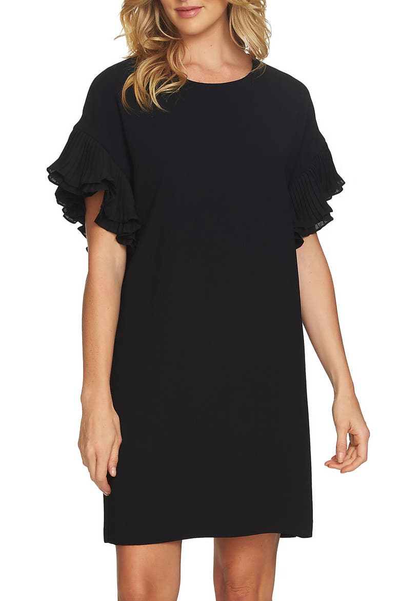 Tiered Pleated Crepe Shift Dress, Main, color, RICH BLACK