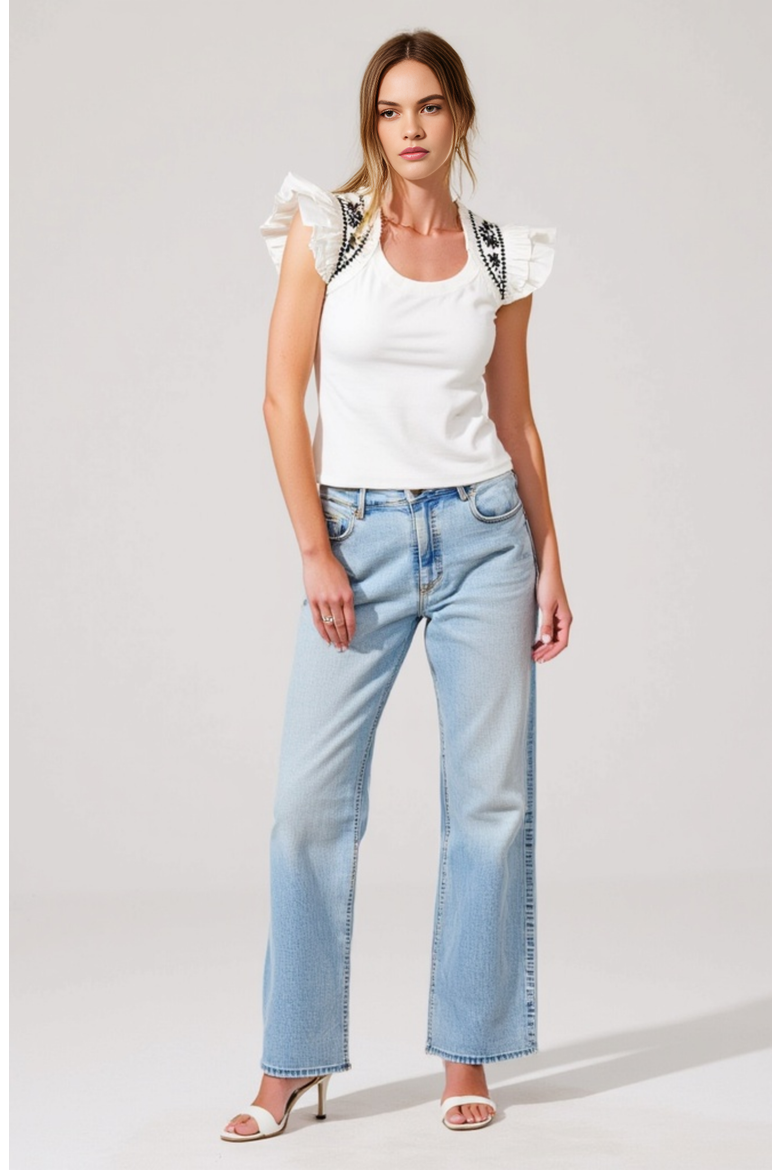 Ruffled Cap-Sleeve Knit Top with Embroidered Shoulder Detail, Alternate, color, White / Black