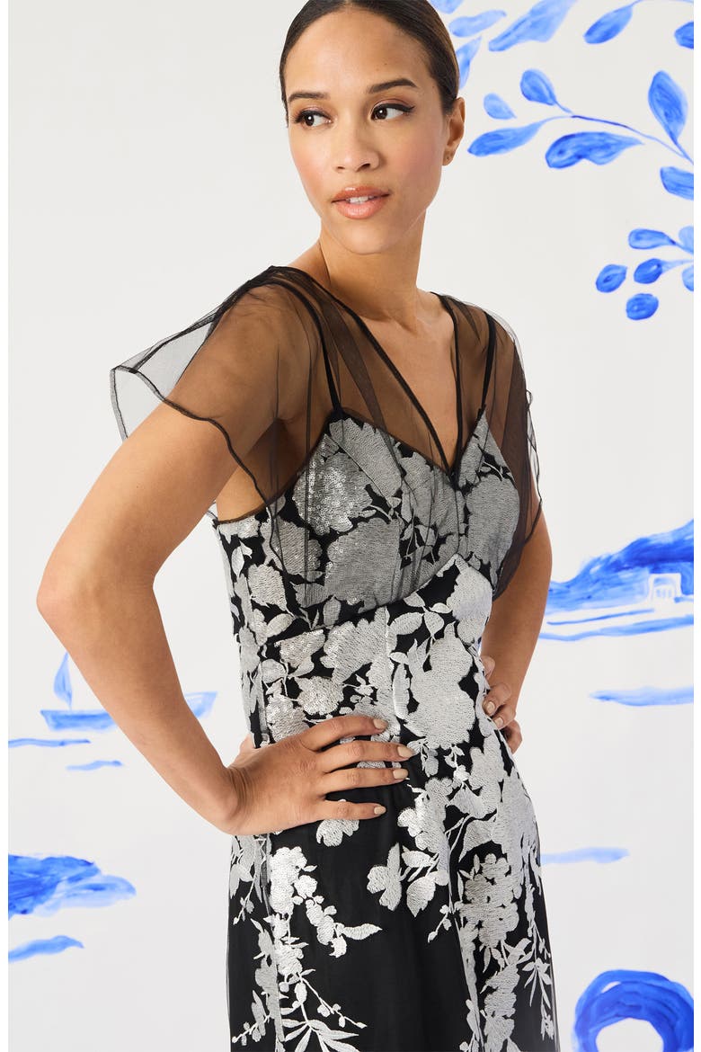 Illusion Embroidered Gown, Alternate, color, BLACK/ WHITE