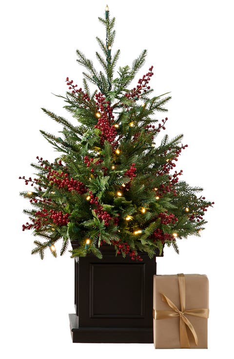 Outdoor Red Berry Evergreen Pre-Lit Artificial Potted Tree