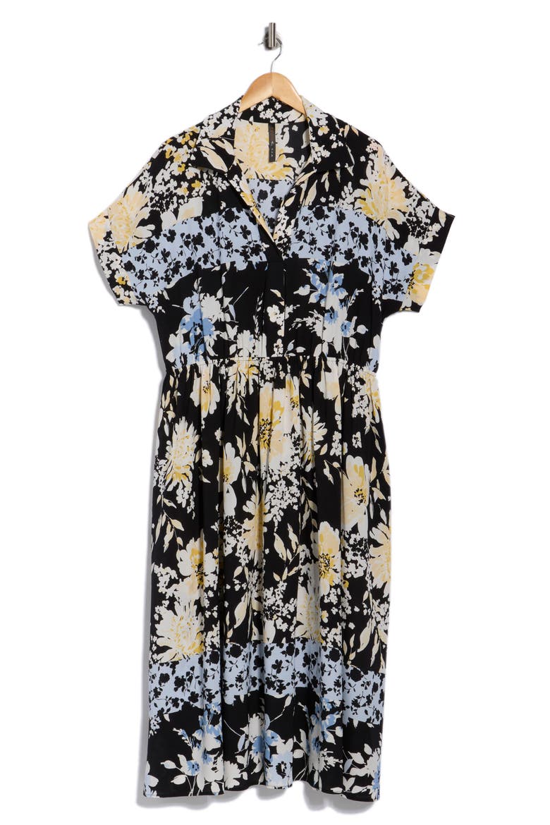 Floral Short Sleeve Midi Dress, Alternate, color, BLACK