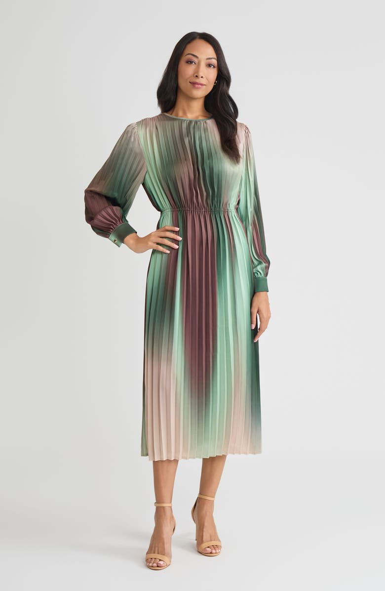 Misook Pleated Ombre Crepe de Chine Maxi Dress, Main, color, Dark Ivy/Midnight Umber