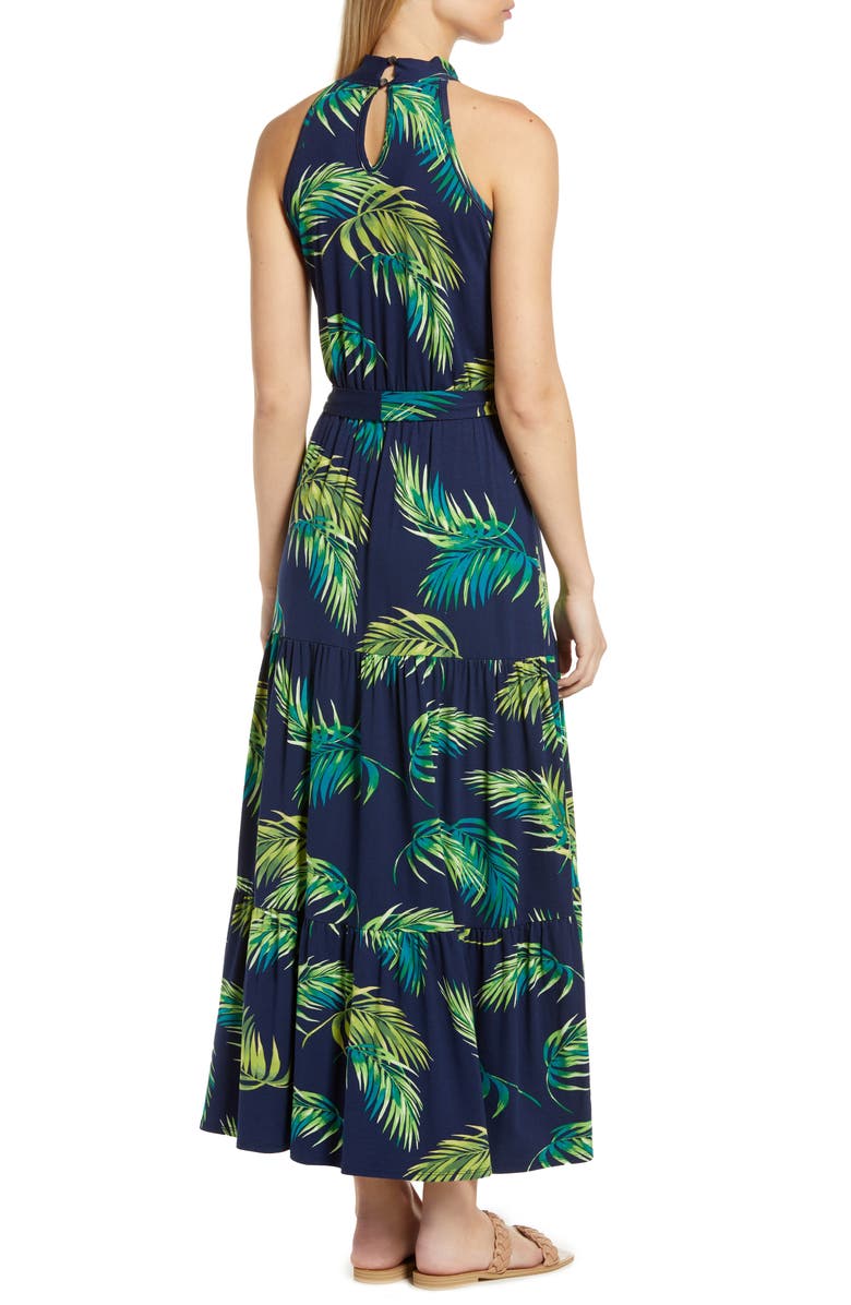 Loveappella Palm Print Halter Neck Knit Maxi Dress, Alternate, color, Navy Palm