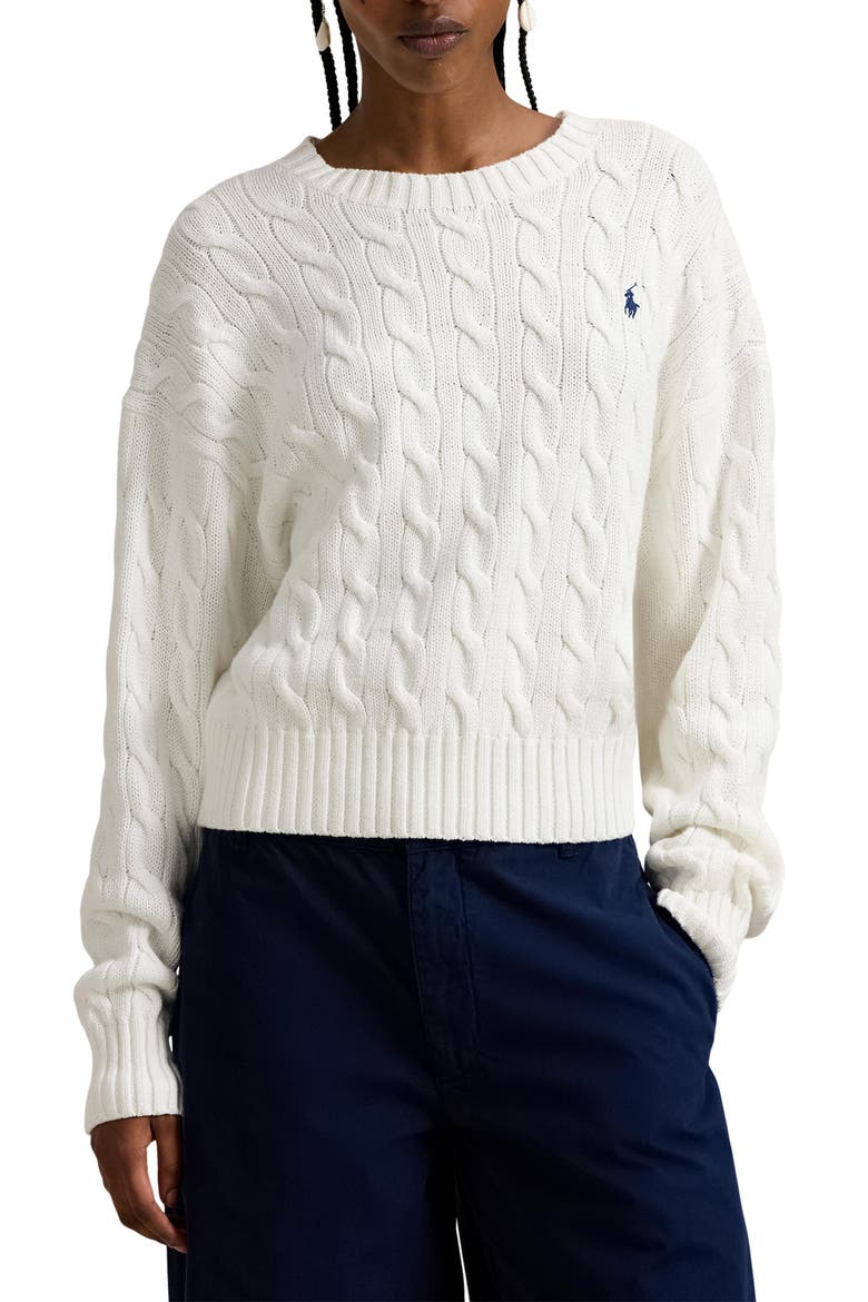 Cable Knit Crewneck Sweater, Main, color, WHITE