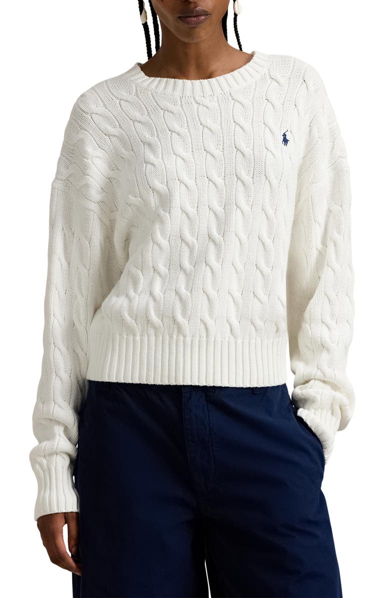 Polo Ralph Lauren Cable Knit Crewneck Sweater, Main, color, White