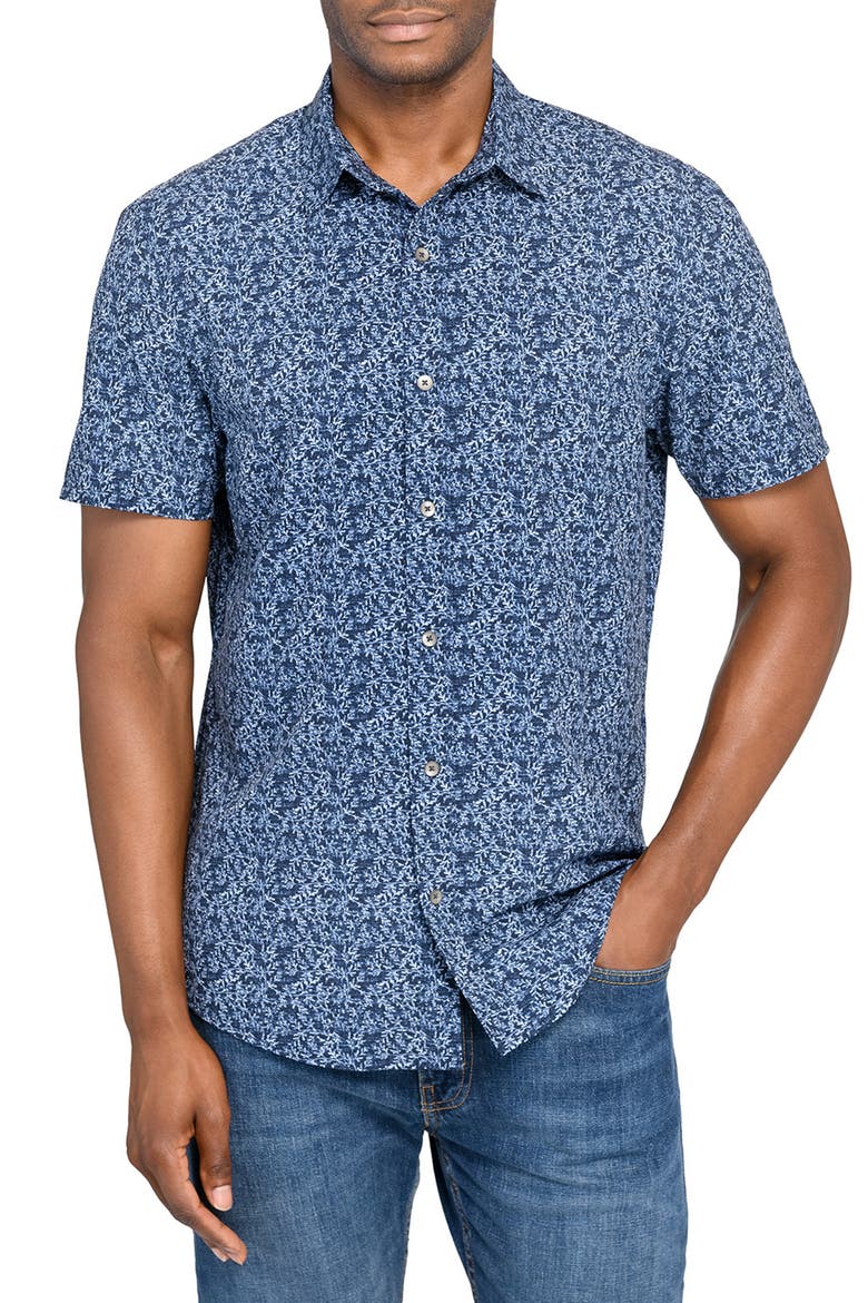 Slim Fit Floral Stem Short Sleeve Performance Button-Up Shirt, Main, color, NAVY