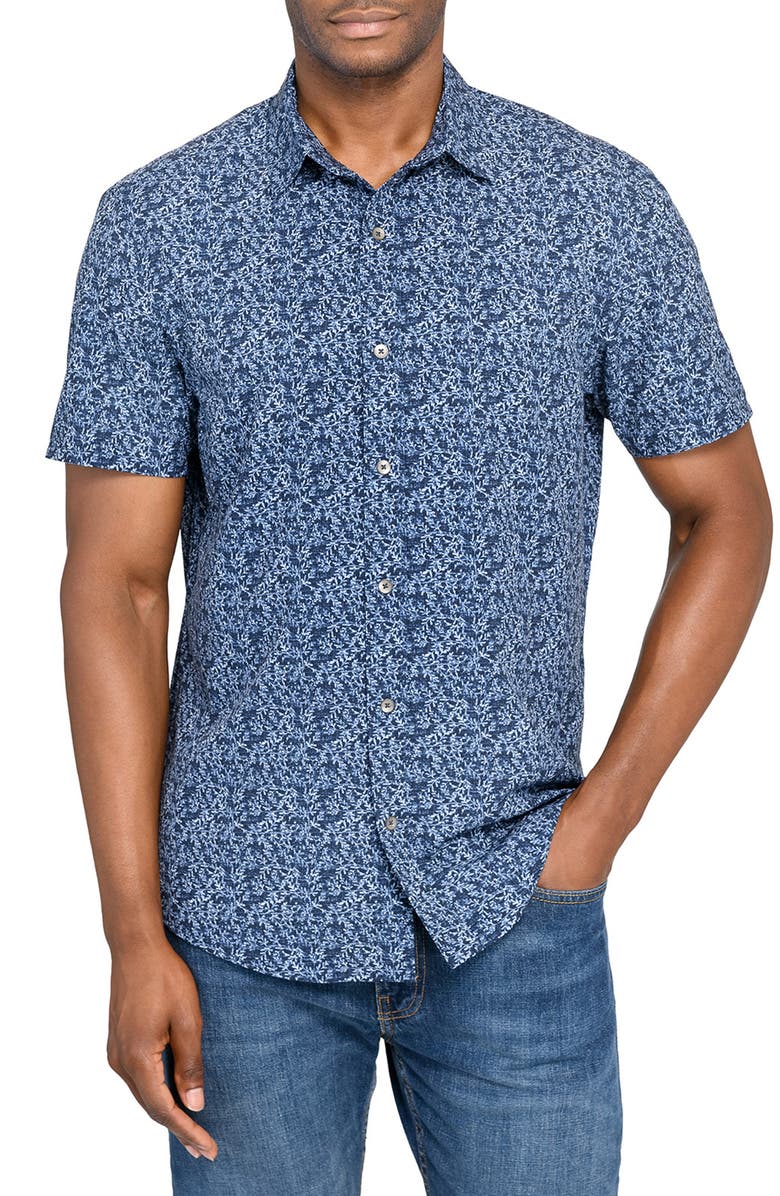 W.R.K Slim Fit Floral Stem Short Sleeve Performance Button-Up Shirt, Main, color, Navy