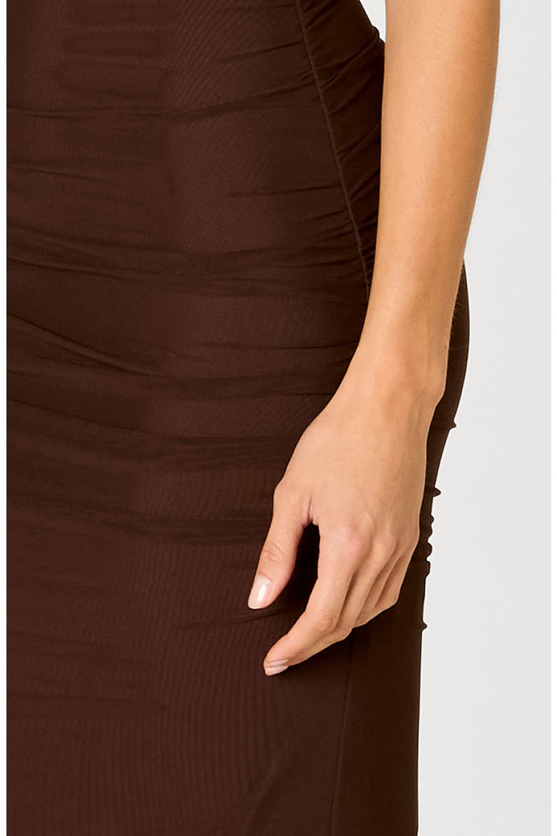 Aria Ruched Off the Shoulder Mesh Midi Dress, Alternate, color, CHOCOLATE