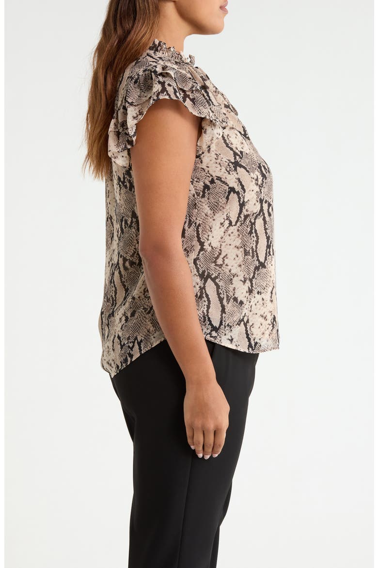 Ruffle Sleeve Faux Snakeskin Tie Neck Top, Alternate, color, NATURAL CLAY MULT