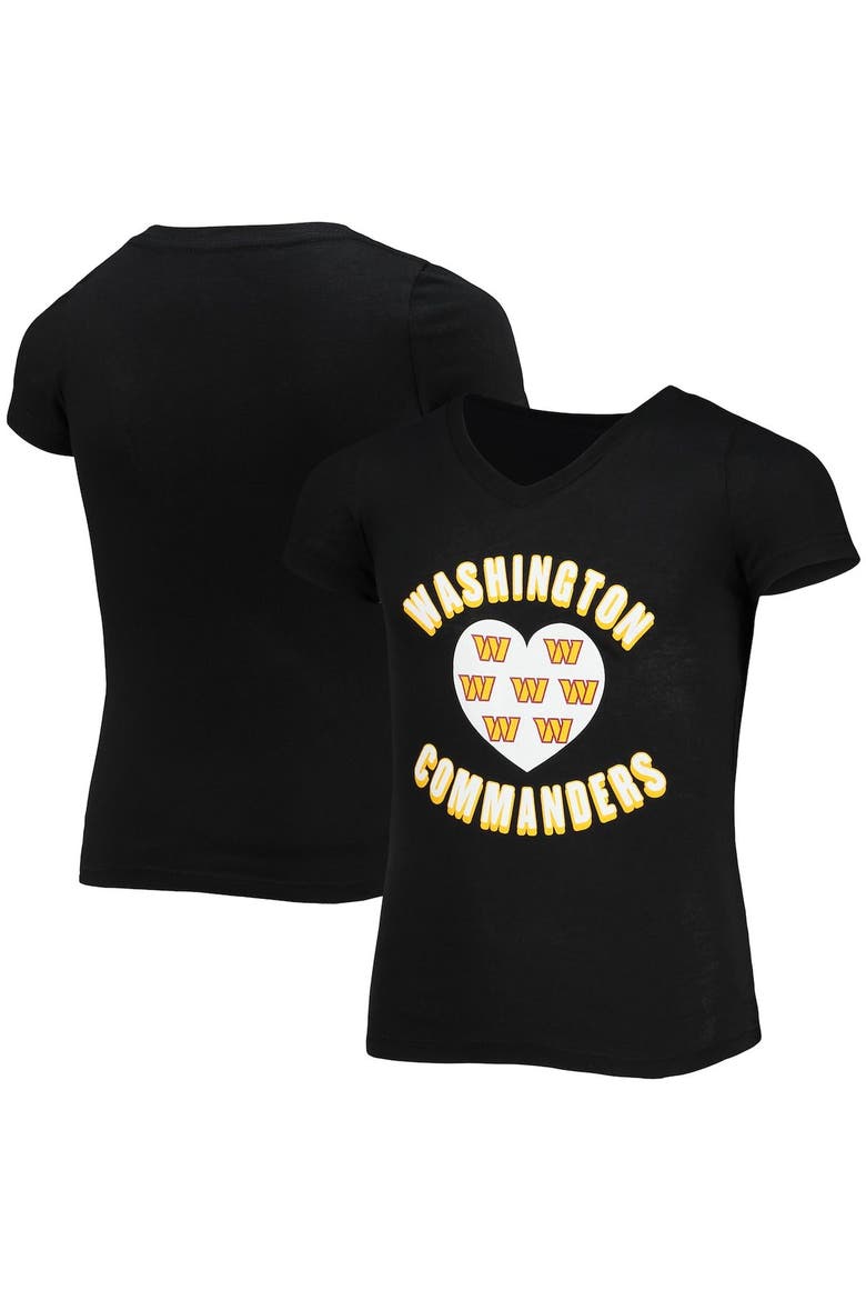Girls Youth New Era Black Washington Commanders V-Neck T-Shirt, Main, color, Black