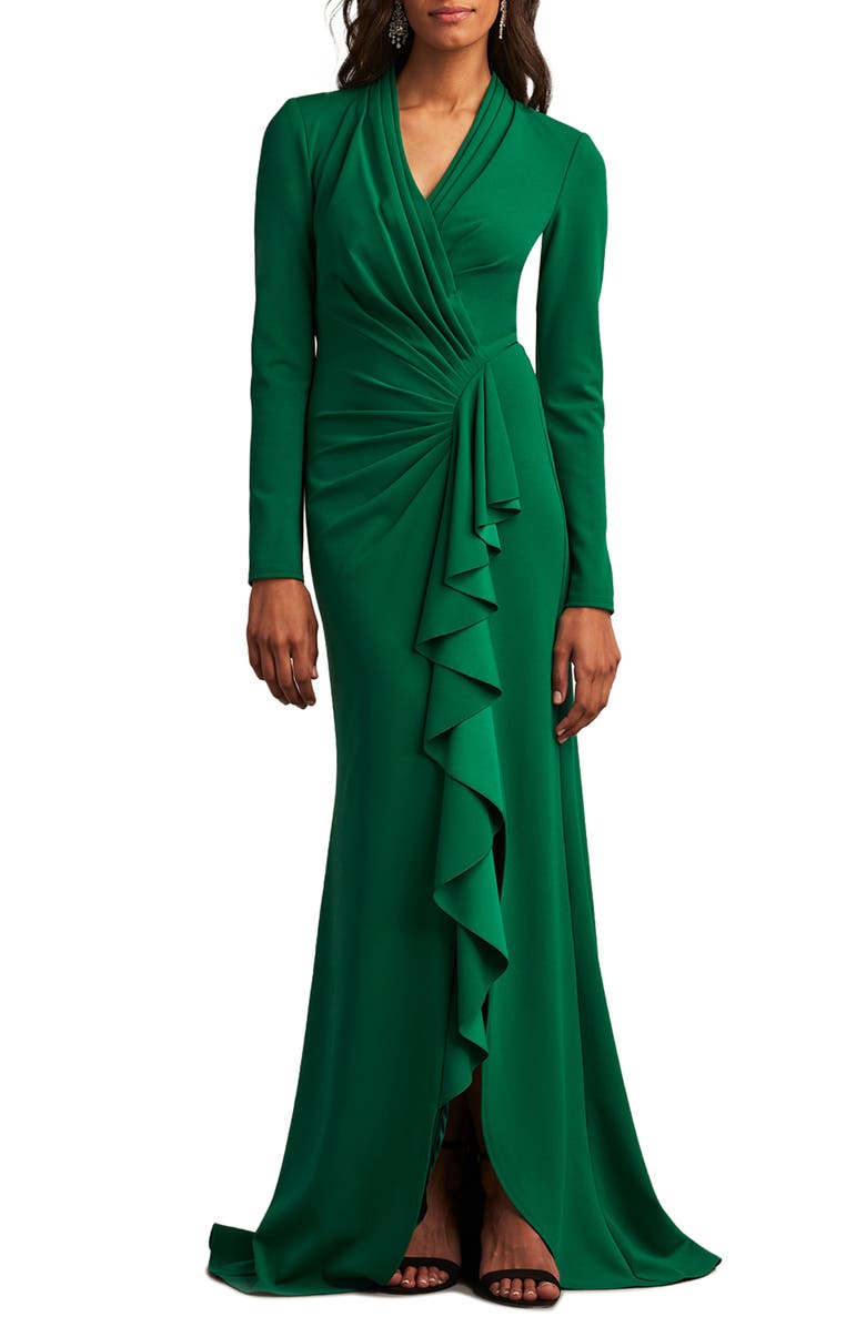 Tadashi Shoji Drape Ruffle Long Sleeve Stretch Crepe Gown, Main, color, 