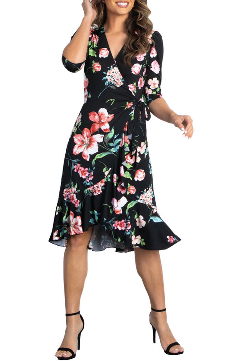Kiyonna Flirty Flounce Midi Wrap Dress, Alternate, color, Midnight Meadow