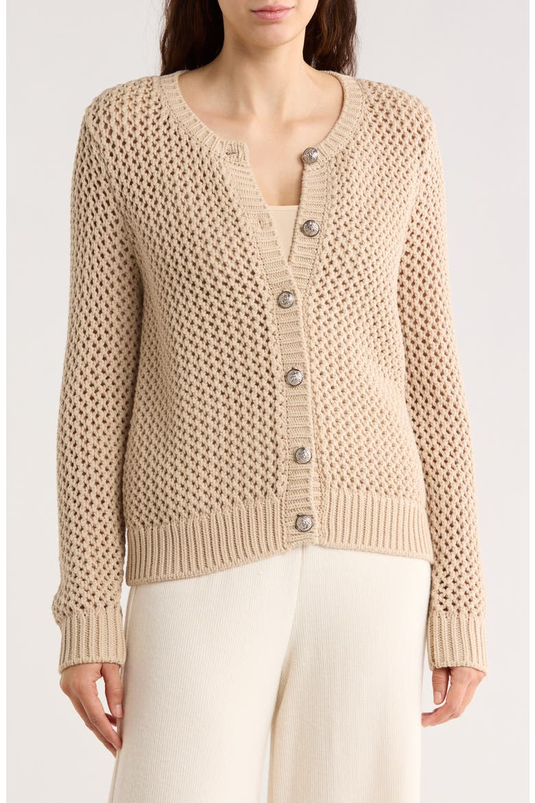 Open Stitch Cotton Blend Cardigan, Main, color, PEBBLE