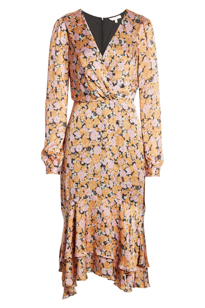 Celeste Ruffle Midi Dress, Alternate, color, PINK-GOLD FLORAL