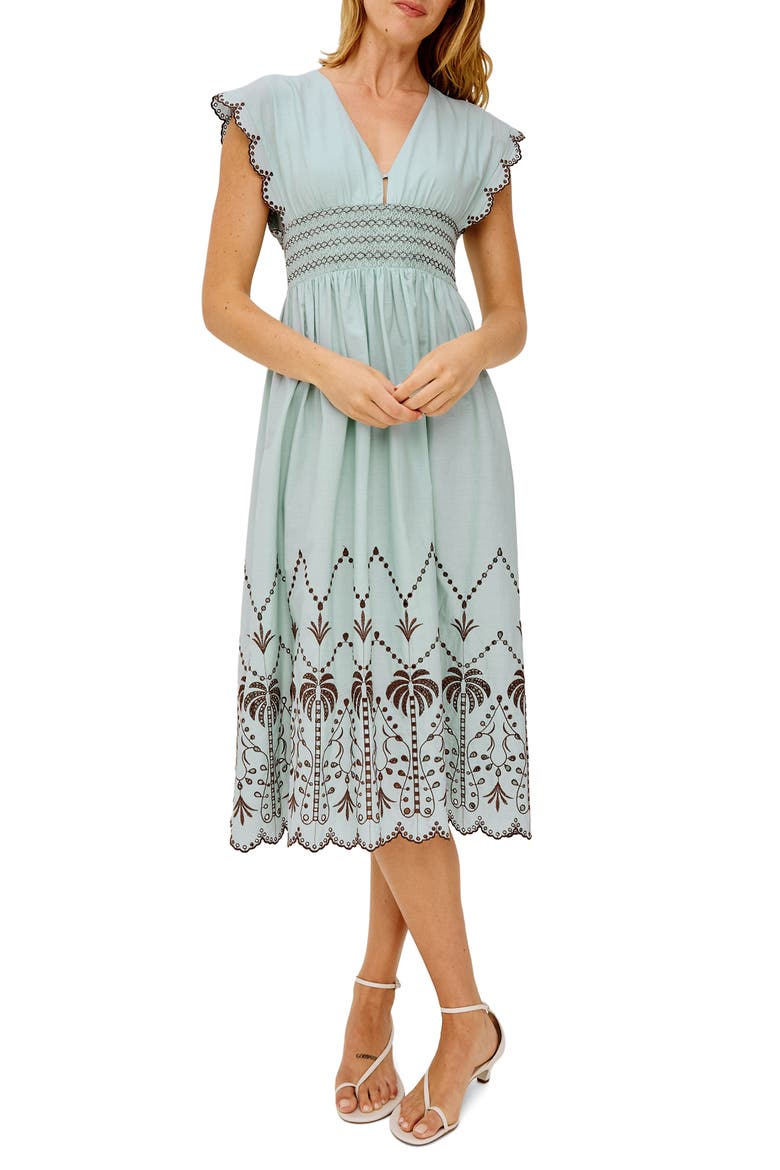 Roxanne Eyelet Embroidered Cotton Midi Dress, Main, color, OCEAN PALMS EMBROIDERY
