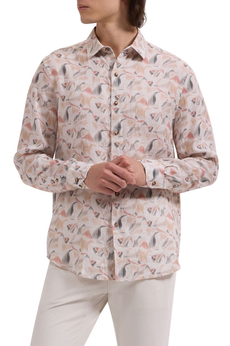 Julian Shaped Fit Abstract Leaf Print Linen Button-Up Shirt, Main, color, DESERT