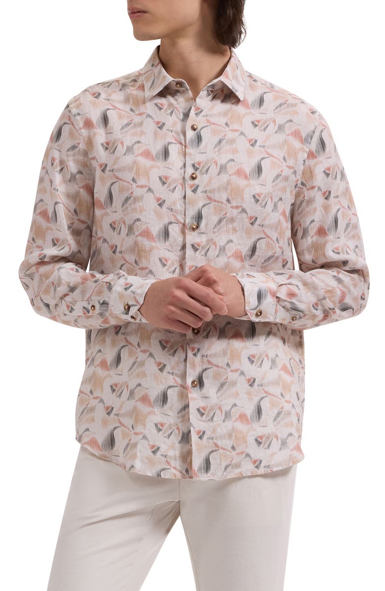 Bugatchi Julian Shaped Fit Abstract Leaf Print Linen Button-Up Shirt, Main, color, Desert