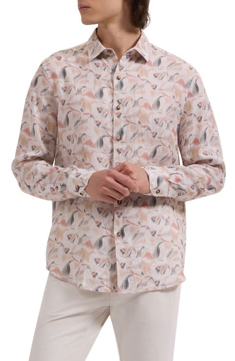 Julian Shaped Fit Abstract Leaf Print Linen Button-Up Shirt