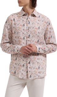 Bugatchi Julian Shaped Fit Abstract Leaf Print Linen Button-Up Shirt