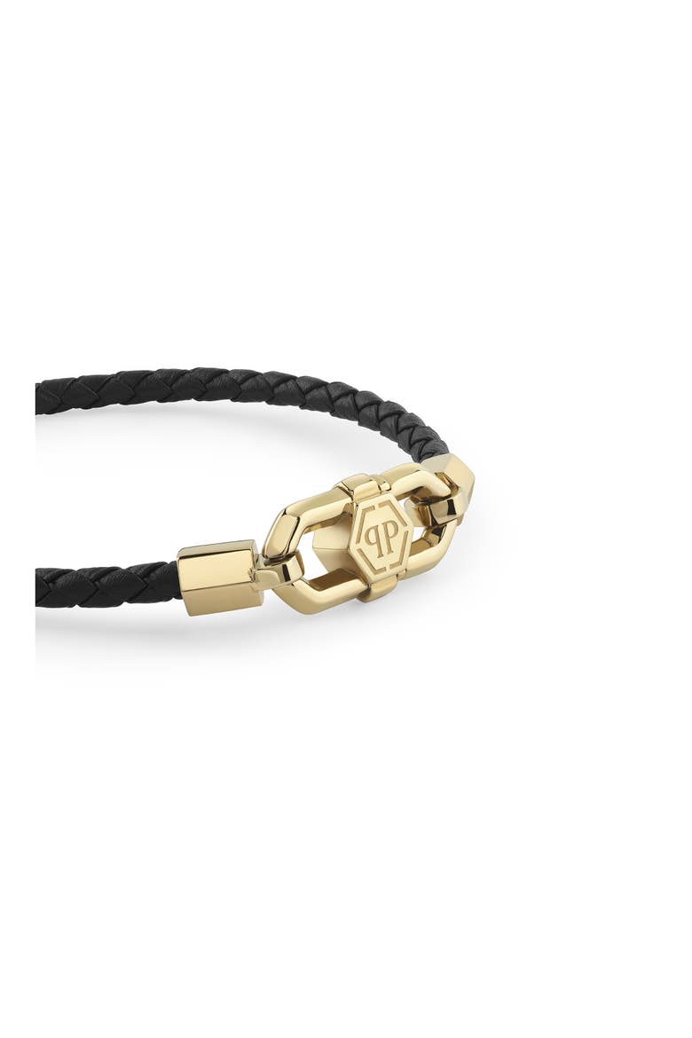 Yellow Gold Leather Bracelet Plein Edge Men, Alternate, color, black/lightgold