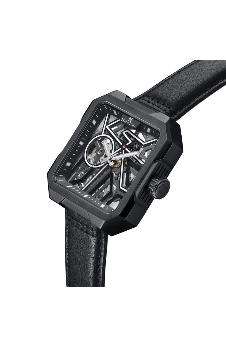 Heritor Automatic Campbell Leather-Band Skeleton Watch, Alternate, color, Black