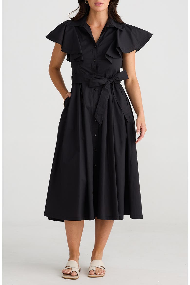 Marigold Ruffle Sleeve Cotton Midi Shirtdress, Main, color, BLACK