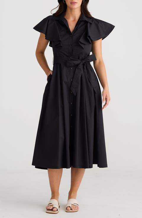 Marigold Ruffle Sleeve Cotton Midi Shirtdress