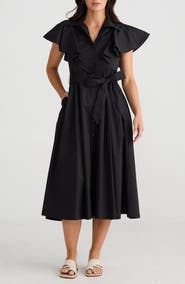 Brave+True Marigold Ruffle Sleeve Cotton Midi Shirtdress