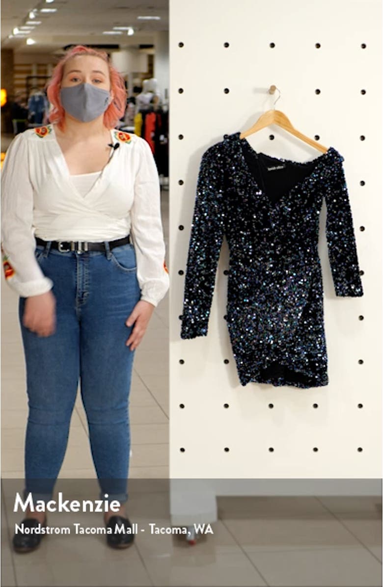 One-Shoulder Long Sleeve Sequin Cluster Velvet Cocktail Dress, sales video thumbnail