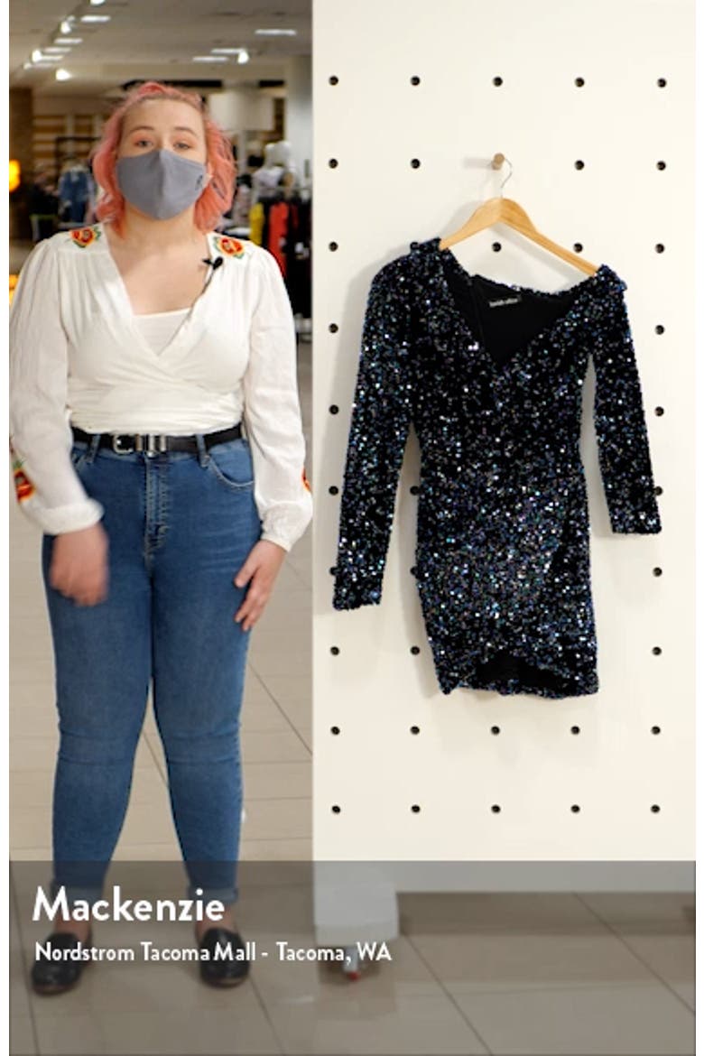 One-Shoulder Long Sleeve Sequin Cluster Velvet Cocktail Dress video