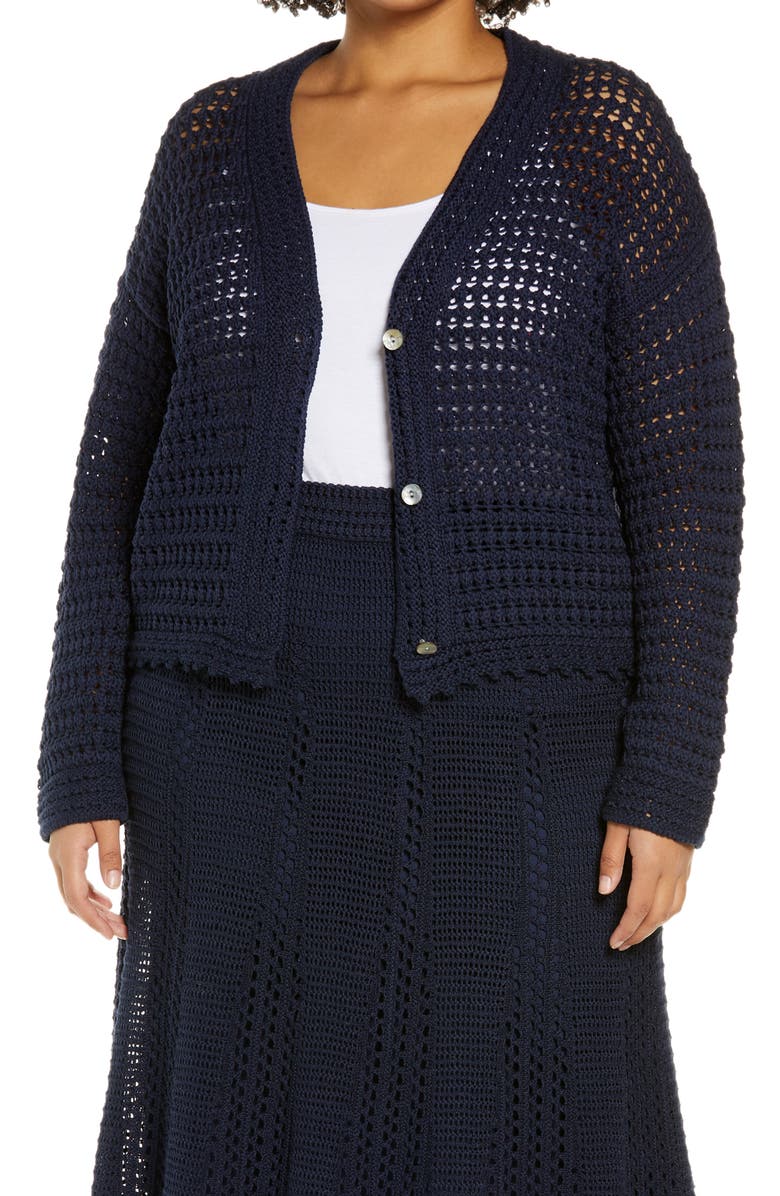 Vince Crochet Cotton Cardigan, Main, color, Navy