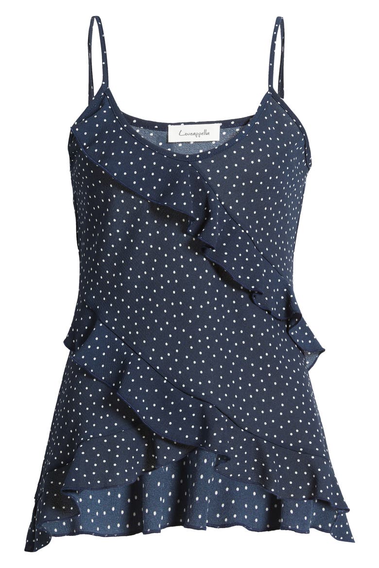 Polka Dot Ruffle Crepe Camisole, Alternate, color, NAVY