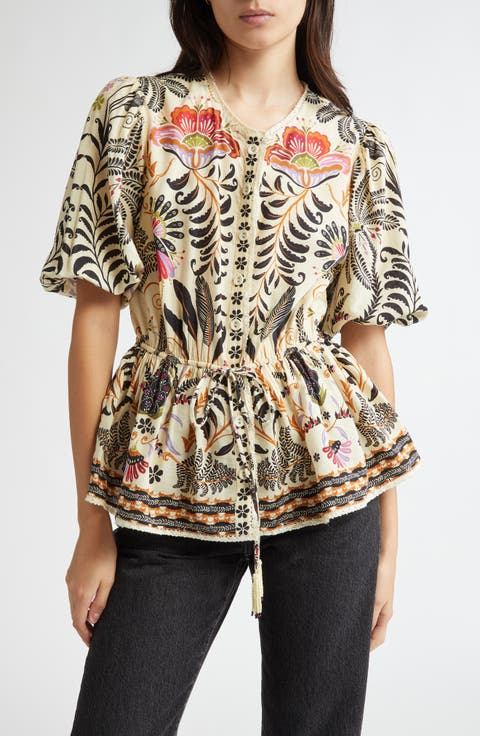 Mixed Print Belted Cotton Blend Top
