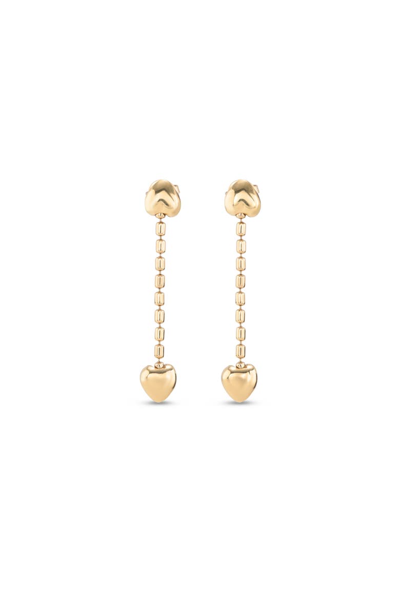 18K Gold-Plated Earrings with Dangling Chain and Small Hearts, Main, color, Gold