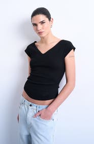 Topshop V-Neck Cap Sleeve Crop Stretch Cotton Rib Top