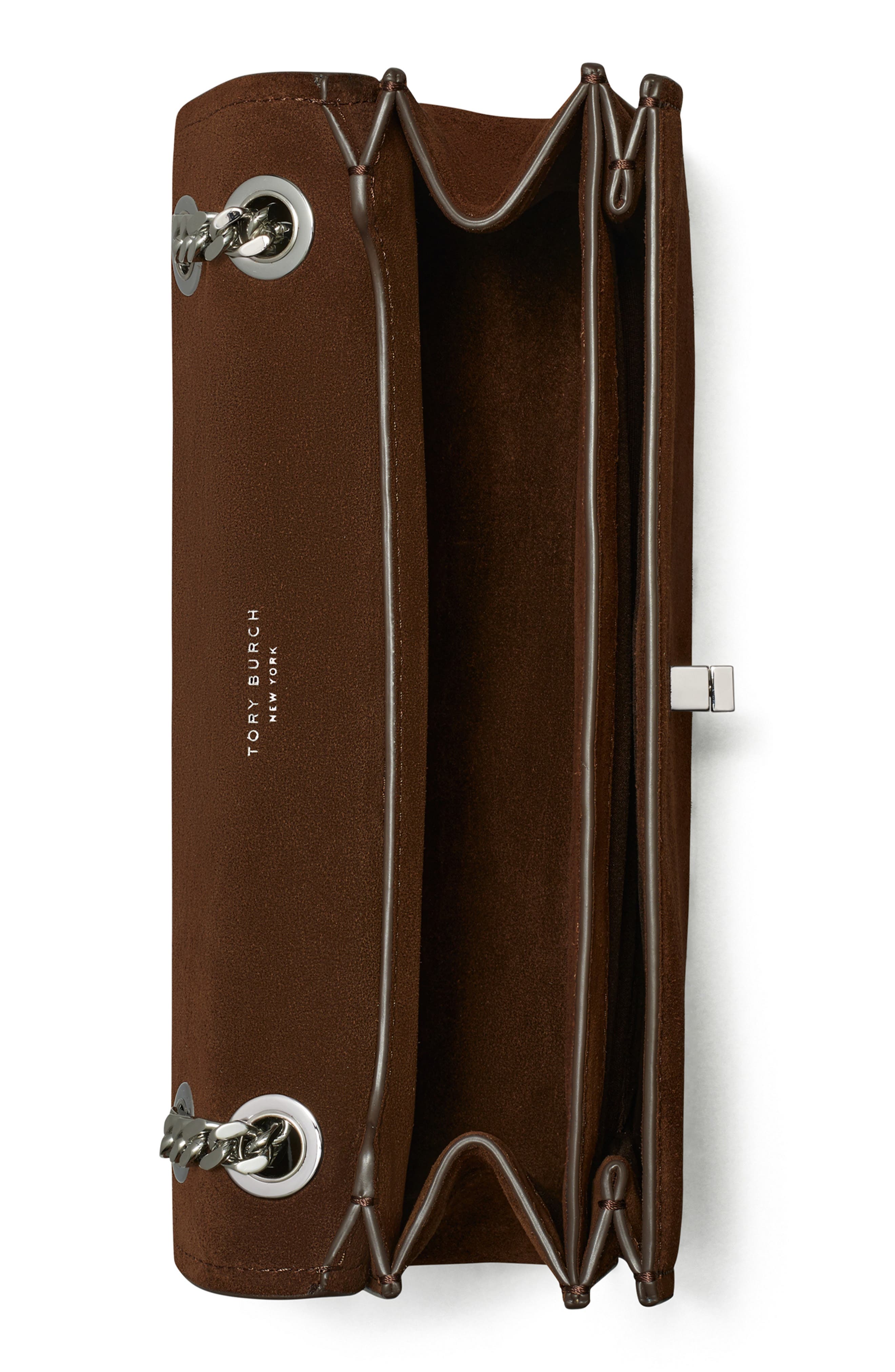 Tory Burch Kira Turnlock Suede Convertible Shoulder Bag, Alternate, color, Dark Cocoa