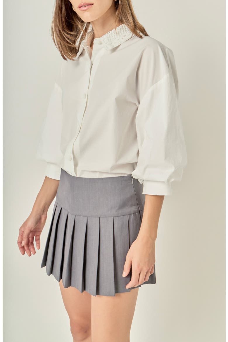 Lace Trim Blouson Sleeve Cotton Button-Up Shirt, Alternate, color, WHITE