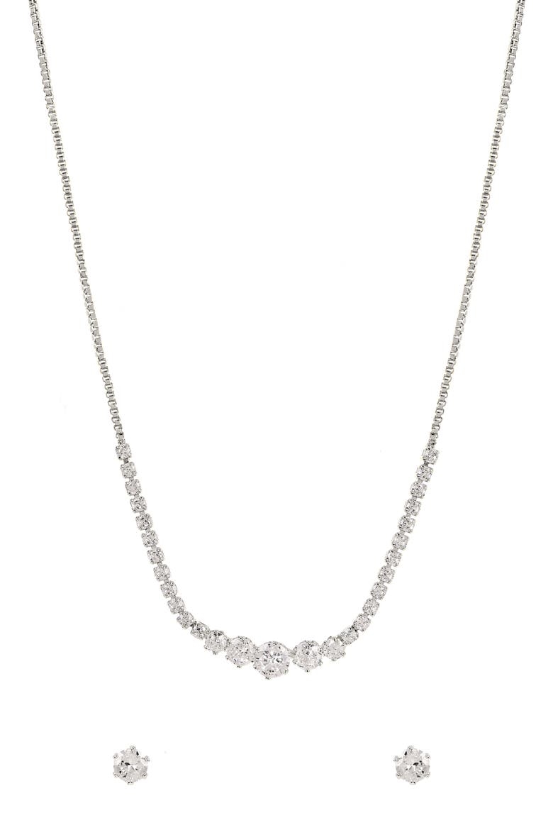 Cubic Zirconia Stud Earrings & Frontal Necklace Set, Alternate, color, METALLIC SILVER