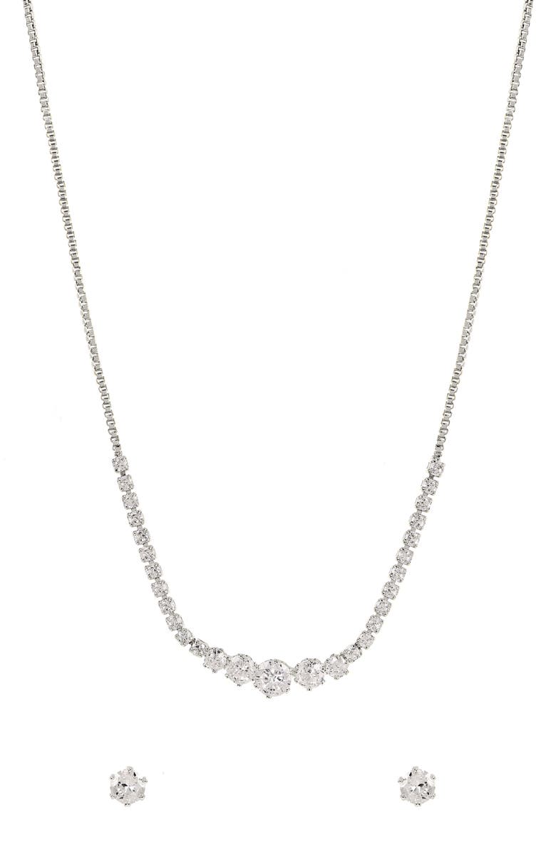 Danecraft Cubic Zirconia Stud Earrings & Frontal Necklace Set, Alternate, color, Metallic Silver