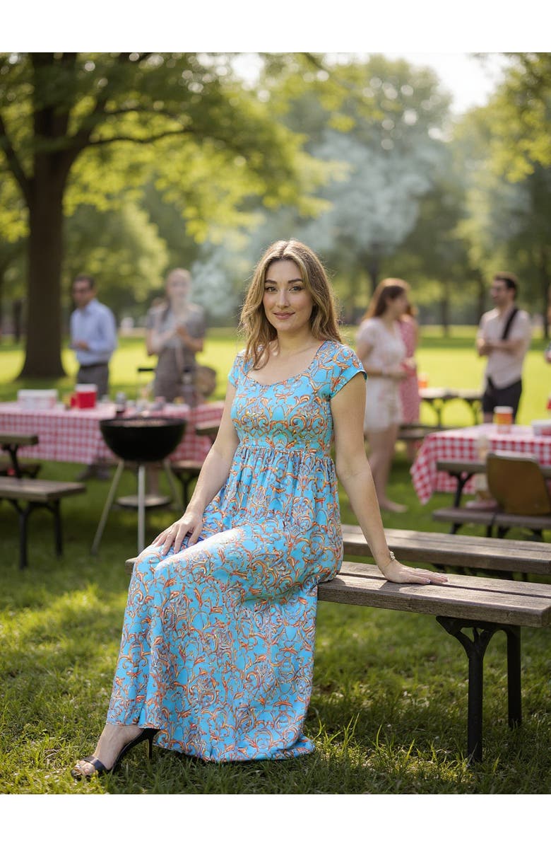 24seven Comfort Apparel Womens Abstract Square Neck Cap Sleeve Pleated A-Line Maxi Dress, Alternate, color, Blue Multi