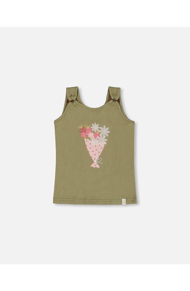 Deux par Deux Girl's Crinkle Jersey Tank Top Floral Olive Green, Main, color, 