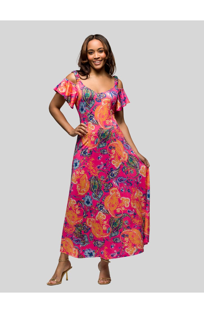 24seven Comfort Apparel Pink Paisley Cold Sholder Ruffle Sleeve A-Line Maxi Dress, Main, color, Pink Multi